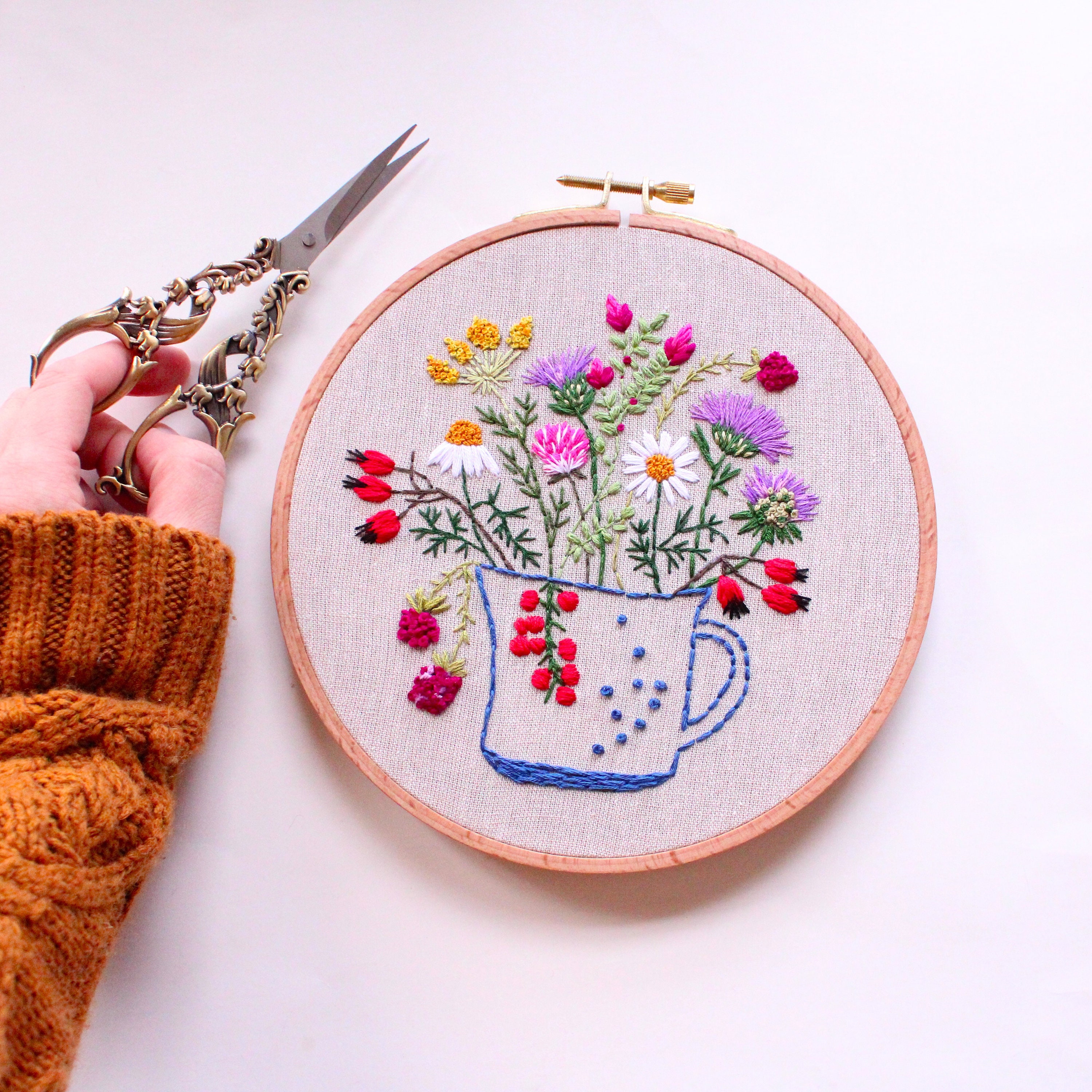 Wildflower Embroidery PDF Pattern: Cup of Chamomile & Clovers