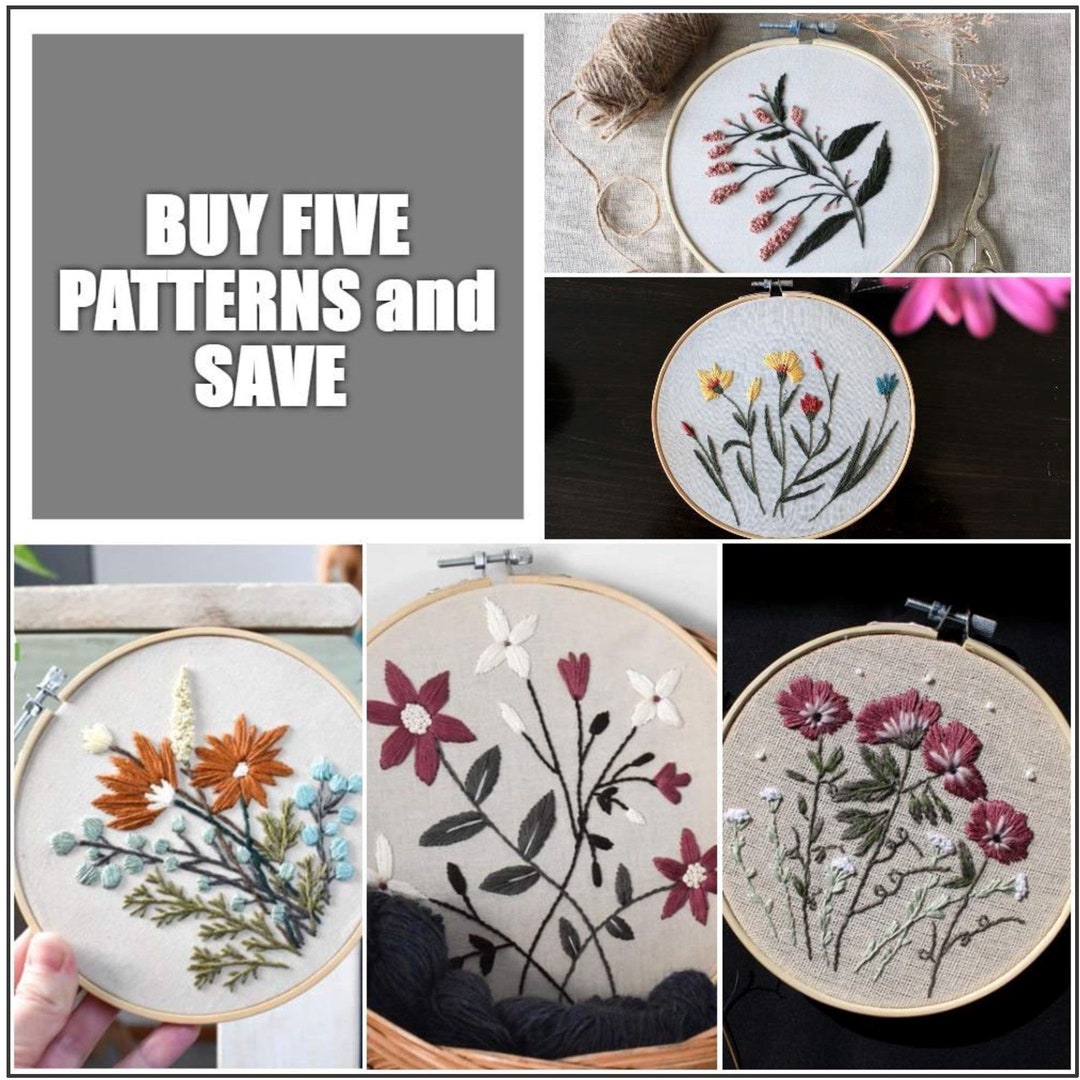 Floral Embroidery PDF Pattern: 5 Flower Designs (digital Download) - Etsy