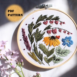 May include: Embroidered hoop art featuring a floral design with a variety of flowers, including a yellow flower with a black centre, a blue flower, and pink flowers. The flowers are surrounded by green leaves and stems.