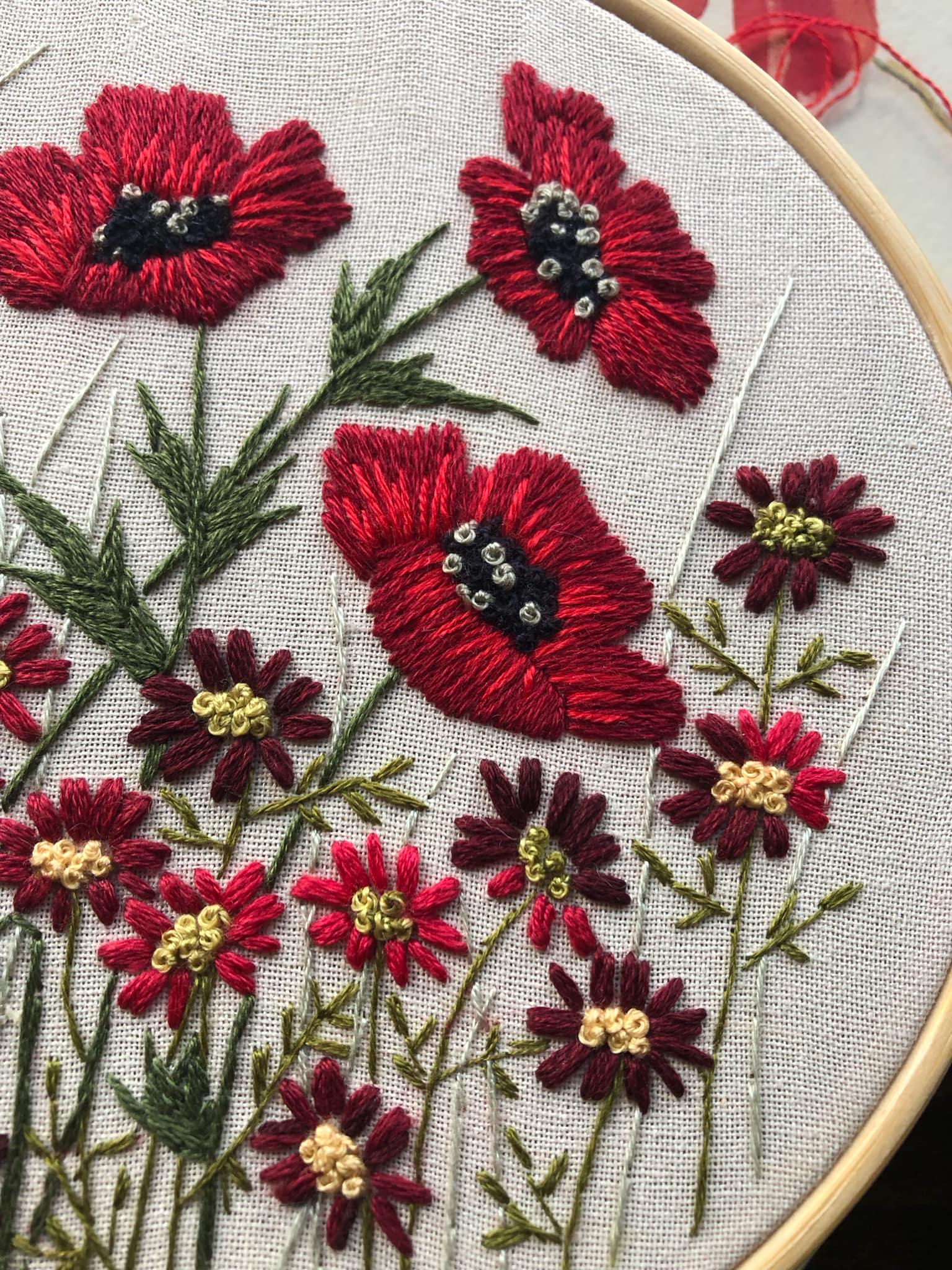 Red Poppy Meadow Hand Embroidery Pattern: Wildflower Floral Design