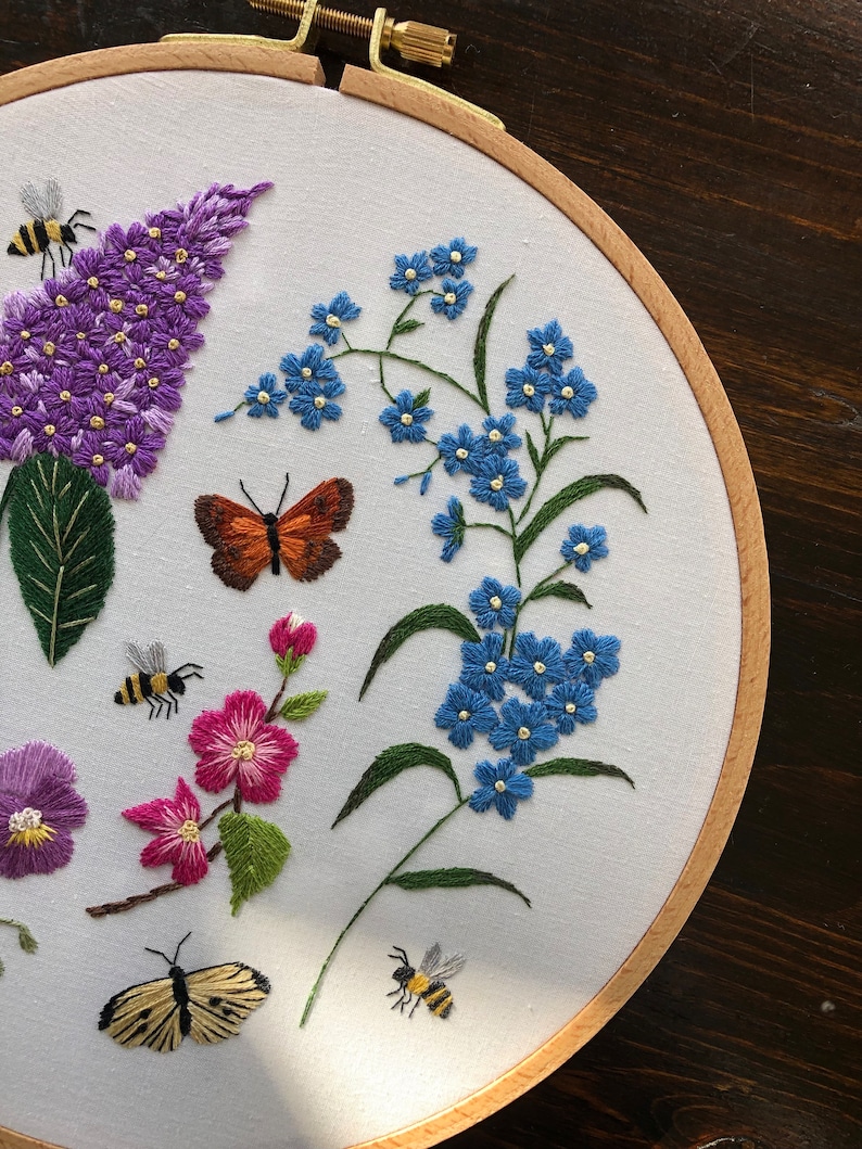 Embroidery PDF pattern Long Live The Spring, easy for beginners, purple lilac, forsythia, crabapple, pansy, forget-me-not, butterfly, bees image 6