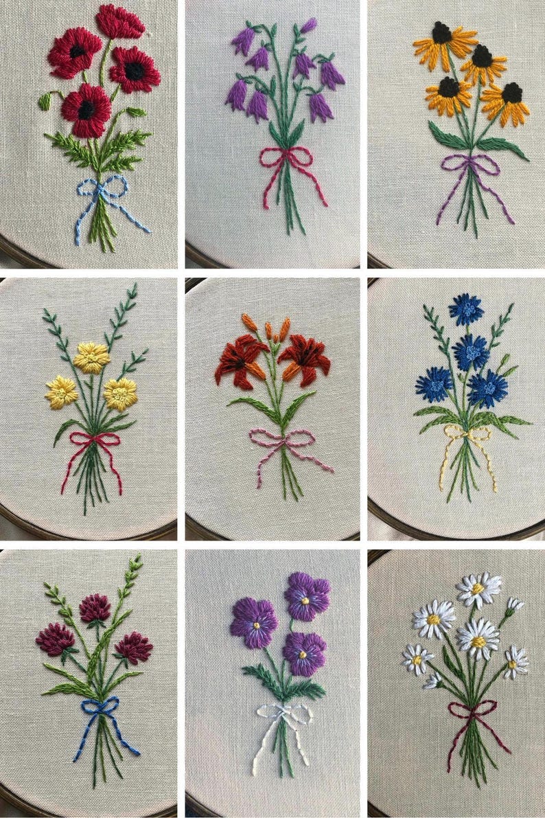 Floral Embroidery Pattern PDF Bundle: 9 Flower Bouquet Designs (4-inch ...