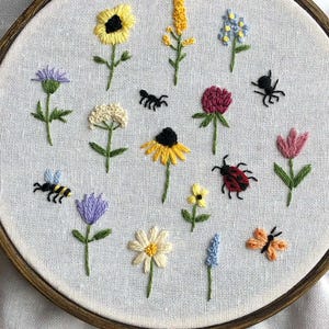 Beginner Embroidery Pattern: Miniature Garden Flowers Insects (Digital Download)