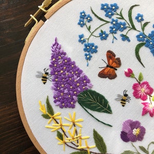 Embroidery PDF pattern Long Live The Spring, easy for beginners, purple lilac, forsythia, crabapple, pansy, forget-me-not, butterfly, bees image 8