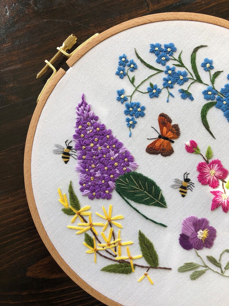 Embroidery PDF pattern Long Live The Spring, easy for beginners, purple lilac, forsythia, crabapple, pansy, forget-me-not, butterfly, bees image 8