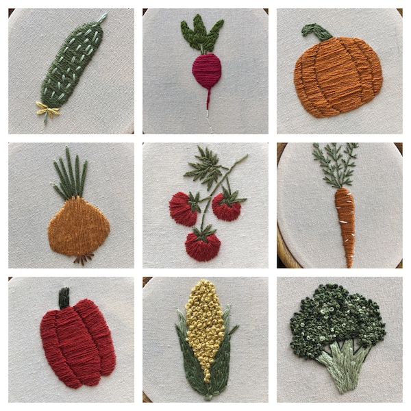 Descarga el patrón de bordado a mano de verduras en PDF. Diseños de verduras de huerto: zanahoria, brócoli, calabaza, maíz, pimiento, rábano, tomate y cebolla.