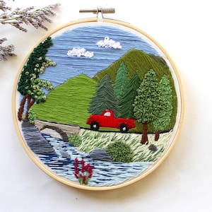 Landscape embroidery PDF pattern, mountain landscape, DIY embroidery design, digital download with stitch guide, embroidery for beginners