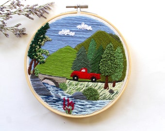 Modèle PDF de broderie de paysage, paysage de montagne, motif de broderie DIY, téléchargement numérique avec guide de points, broderie pour débutants