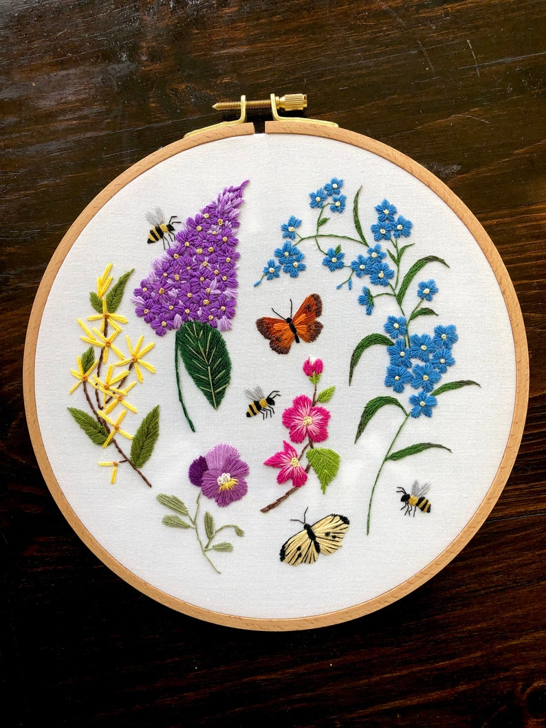 Embroidery PDF pattern Long Live The Spring, easy for beginners, purple lilac, forsythia, crabapple, pansy, forget-me-not, butterfly, bees image 7