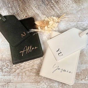 Gepersonaliseerde paspoorthouderset, gepersonaliseerd bagagelabel, reisset, paspoorthoes, cadeau bruidsmeisje, cadeau voor stel, huwelijkscadeau