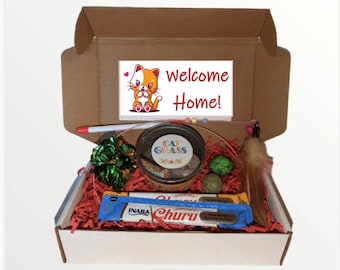 Peut inclure: Une boîte en carton marron avec un couvercle blanc et du papier déchiqueté rouge et blanc à l'intérieur. La boîte contient une variété de jouets pour chats, dont un jouet à la catnip, une baguette à plumes, une pelote de laine et une friandise. La boîte comprend également une carte qui dit "Bienvenue à la maison !" avec un chat de dessin animé dessus.