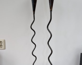 set of 2 XL Vintage BRUTALIST style metal squiggle table candleholders from the 70/80s
