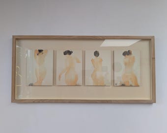 Rare Vintage IKEA LINDERÅS shadow box framed art of  watercoloured JAPANESE nudes from the 90s
