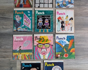 May include: A collection of eleven vintage Punch magazine issues arranged in a grid. Each cover features distinct colourful illustrations, caricatures, and bold typography, showcasing various artistic styles and satirical themes from the mid-20th century.