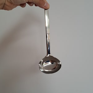 Könnte beinhalten: Eine silberne Schöpfkelle mit langem Stiel. Die Schöpfkelle ist aus Edelstahl und hat eine glänzende Oberfläche.
