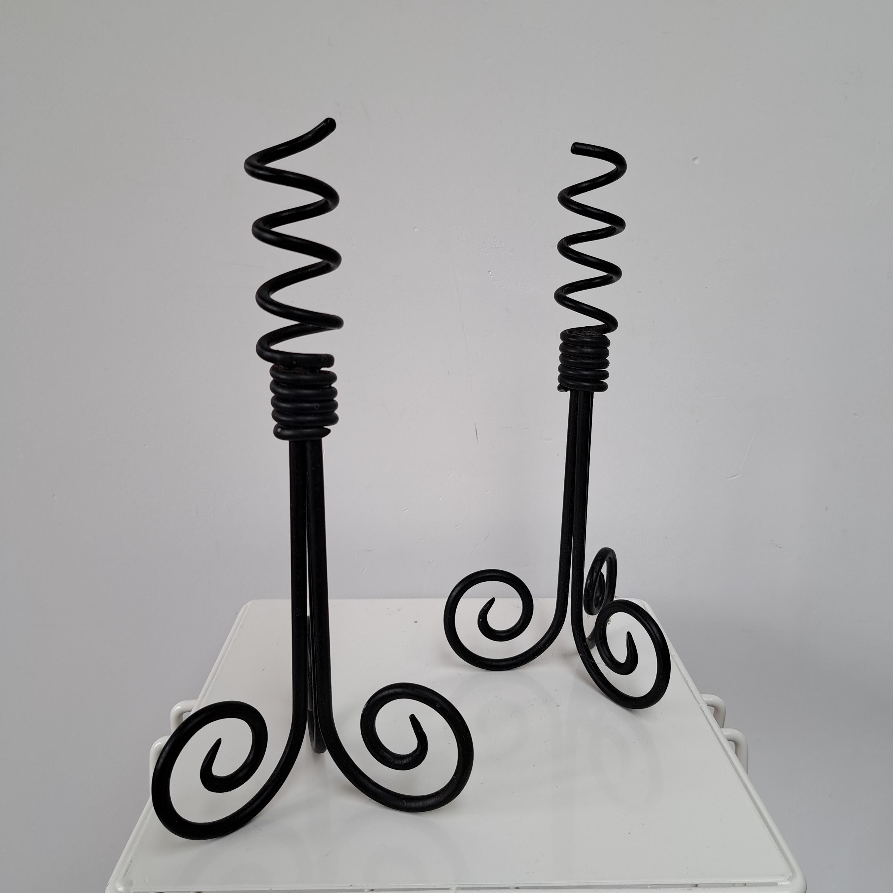 set of 2 Vintage BRUTALIST style black metal candleholders from the 80s