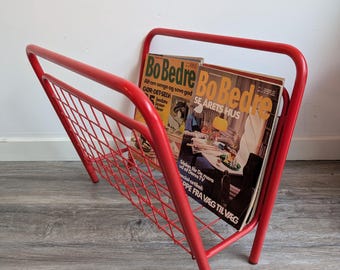 Vintage POSTMODERN style red metal wire magazine holder from the 80s