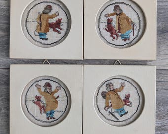 Juego de 4 adornos de pared vintage hechos a mano con marco de madera para punto de cruz, de los años 80.