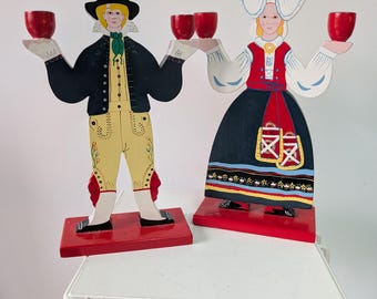 Set of 2 Vintage IKEA Swedish couple FOLK ART wooden candleholders design by Lizzie Velander from the 80s