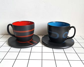 Set of 2 Vintage POSTMODERN style IKEA SORLA record large cup and saucers from the 90s