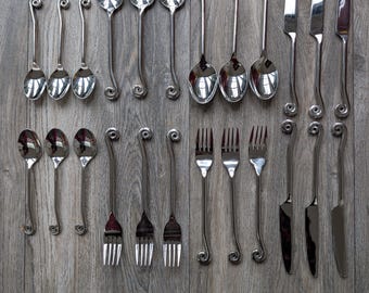 Vintage AMEFA FRENCH SWIRL steel cutlery set for 6 persons from the 80/90s