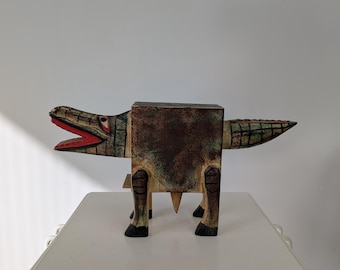 Vintage FOLK ART wooden handcarfed in Indonesia Crocodile Coin Bank with sliding opening