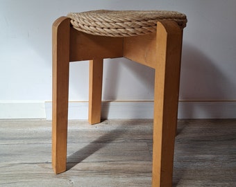 Vintage Mid century Scandinavian pine rope stool from the 70s