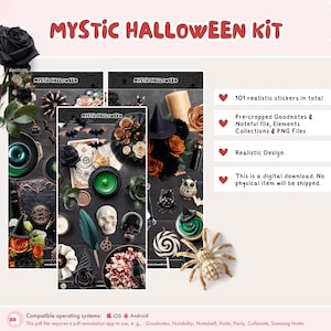 May include: A digital Mystic Halloween Kit with stickers, pre-cropped Goodnotes and Noteful files, and PNG files. The image features a dark aesthetic with skulls, roses, candles, and bats. The text reads "Mystic Halloween Kit".