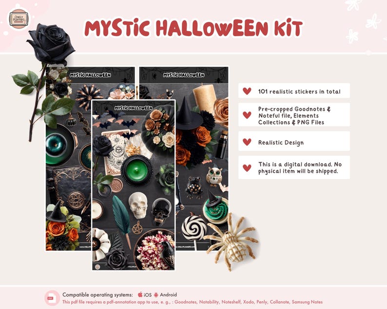 May include: A digital Mystic Halloween Kit with stickers, pre-cropped Goodnotes and Noteful files, and PNG files. The image features a dark aesthetic with skulls, roses, candles, and bats. The text reads "Mystic Halloween Kit".