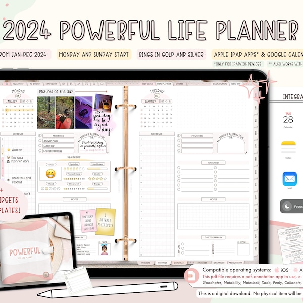 2024 Powerful Digital Life Planner / Apple Apps, iCal & Google Calendar Integration / Mon + Sun Start  / IOS + Android