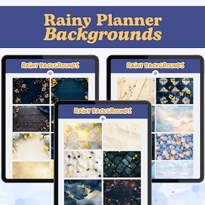 Puede incluir: Tres tabletas que muestran "Rainy Planner Backgrounds" con varias imágenes de fondo. Los fondos incluyen arreglos florales, texturas de madera y patrones abstractos en tonos azules, amarillos y blancos. Las tabletas están sobre un fondo azul.