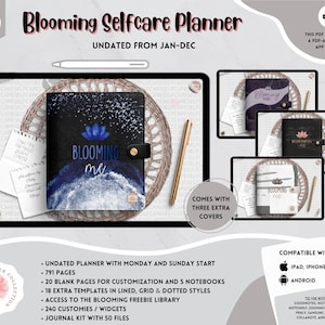Undated Blooming Me Selfcare Planner // Black, Monday and Sunday Start, Monthly, Weekly, Daily Pages, 30+ Extra Templates / iOS & Android