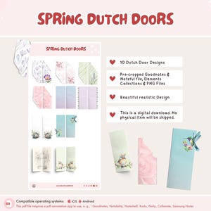 Op de afbeelding: Een digitale download van 10 lente-geïnspireerde Nederlandse deurstijlen. De ontwerpen bevatten bloemenpatronen, vogels en een vogelkooi. De tekst "SPRING DUTCH DOORS" staat bovenaan de afbeelding.