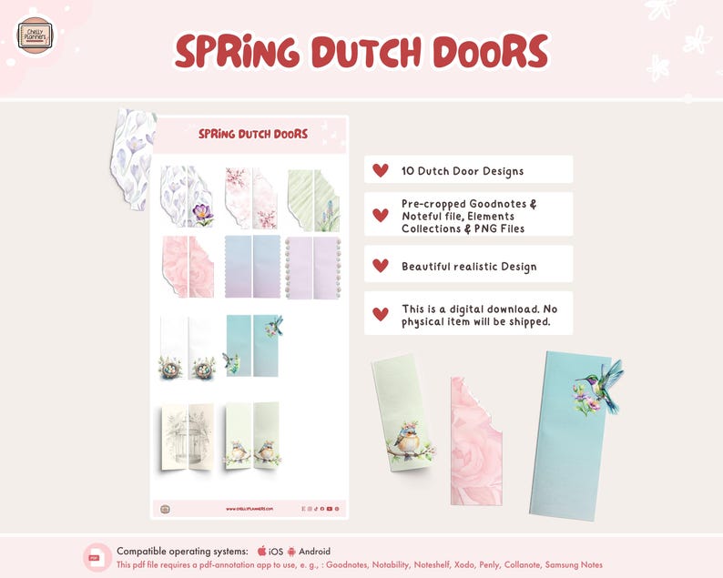 May include: A digital download of 10 spring-themed Dutch door designs. The designs feature floral patterns, birds, and a birdcage. The text "SPRING DUTCH DOORS" is at the top of the image.