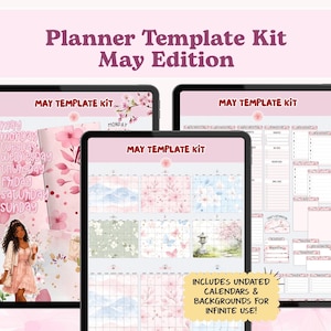 Può includere: Kit di modelli di pianificatore digitale per maggio, con un design floreale rosa. Il kit include calendari non datati e sfondi per un uso infinito. L'immagine mostra tre tablet che mostrano diversi layout di pianificazione.
