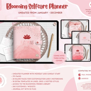 Undated Blooming Me Selfcare Planner // Rose, Monday and Sunday Start, Monthly, Weekly, Daily Pages, 30+ Extra Templates / iOS & Android
