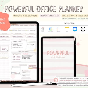 May include: A digital planner for iPad and Android tablets. The planner is pink and white with a striped pattern. The text "POWERFUL UNDATED OFFICE PLANNER" is displayed on the planner. The planner is compatible with popular note-taking apps such as Goodnotes, Notability, Noteshell, Xodo, Penly, Collanote, and Samsung Notes.