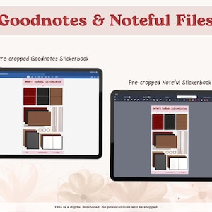 May include: Two digital tablets showcasing a stickerbook customisation layout for Goodnotes and Noteful files. The layout includes colour swatches, journal covers, and sticker designs. The text reads "INFINITY JOURNAL CUSTOMIZATION".
