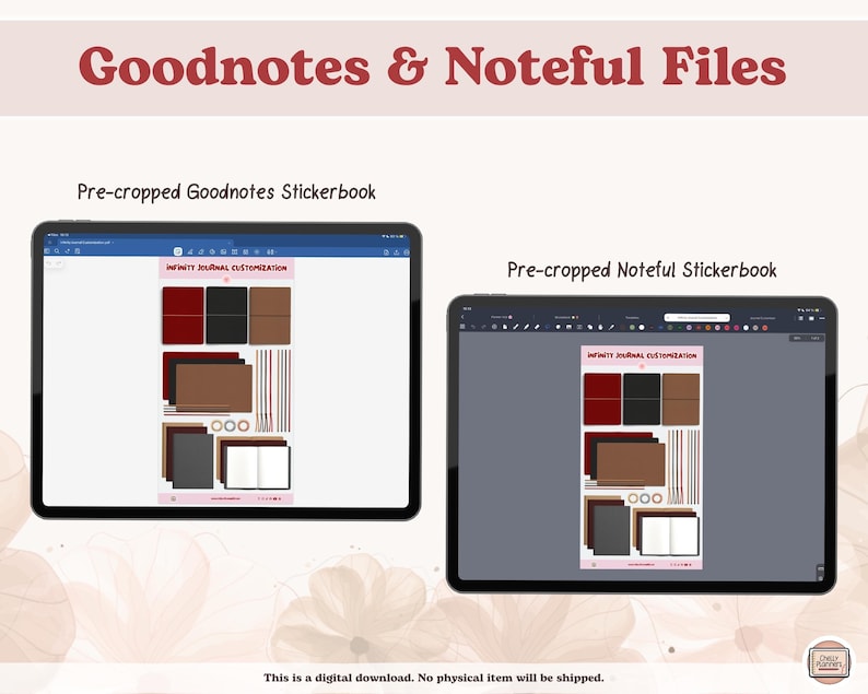 May include: Two digital tablets showcasing a stickerbook customisation layout for Goodnotes and Noteful files. The layout includes colour swatches, journal covers, and sticker designs. The text reads "INFINITY JOURNAL CUSTOMIZATION".