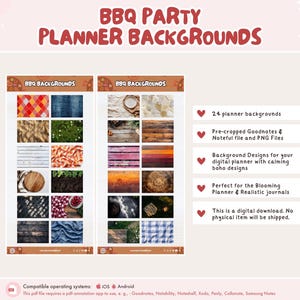 May include: A digital download featuring 24 planner backgrounds with various textures and patterns, including wood, denim, and gingham. The product includes pre-cropped Goodnotes and PNG files for digital planners. The text reads "BBQ Party Planner Backgrounds."