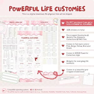Puede incluir: Descarga digital de un planificador titulado "POWERFUL LIFE CUSTOMIES" en rojo. Incluye secciones para el progreso de objetivos, controles de salud, listas de tareas y grandes tareas. El planificador presenta elementos rosas, beige, amarillos, azules y verdes, e incluye 335 pegatinas.