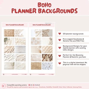 May include: Digital planner backgrounds with a boho theme. The image shows two mockups of planner backgrounds with various textures and patterns. Text on the image reads "BOHO PLANNER BACKGROUNDS" and details about the digital download.