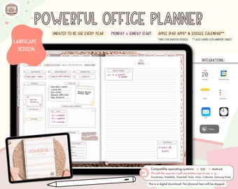 Undated Powerful Digital Office Planner / Apple Apps, iCal & Google Calendar Integration / Mon + Sun Start  / IOS + Android / LANDSCAPE