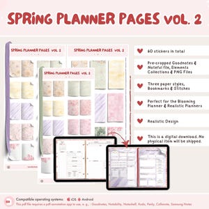 Frühling Vol. 2 Realistische Papier Hintergründe / Pre-Cropped Digital Stickers für Ihren digitalen Planer, Journal in GoodNotes, Noteshelf + mehr