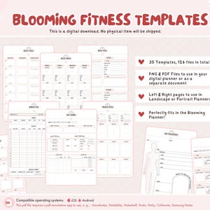 May include: A set of 35 printable fitness planner templates in pink and white. The templates include pages for weekly fitness, weekly meals, workout plans, daily journals, progress tracking, body measurements, and food journaling. The templates are compatible with digital planner apps such as Goodnotes, Notability, and Noteshell.