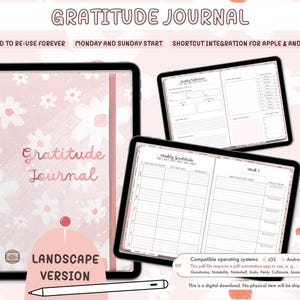May include: A digital download of a pink and white gratitude journal with a floral pattern. The journal is designed for use with a digital pen and tablet. The text "Gratitude Journal" is written in a pink and white font. The journal is compatible with iOS and Android devices.