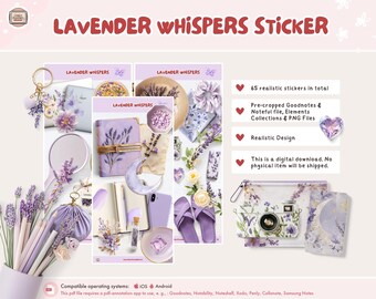 May include: A digital download of lavender-themed stickers. The image displays stickers such as a journal, moon, flowers, and accessories. The text reads "LAVENDER WHISPERS STICKER". The stickers are designed for use with Goodnotes, Noteful, and other annotation apps.