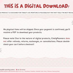 May include: A digital download notice with the text "THIS IS A DIGITAL DOWNLOAD!" in red. The product is designed for tablet use, with a printing disclaimer. It provides information on digital product delivery and refund policies, and compatible operating systems.