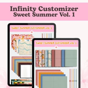 Könnte beinhalten: Zwei Tablets mit dem Infinity Customizer Sweet Summer Vol. 1, die verschiedene Notizbuch-Einbände mit Mustern wie Früchten, Wellen und Unifarben sowie passende Gummibänder und Innenseiten in einer digitalen Benutzeroberfläche zeigen.