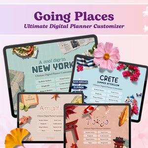 May include: Four digital tablets display planner customizer interfaces with themes titled Going Places, A cool day in NEW YORK, CRETE SUMMER AFTERGLOW, Amalfi, and Fall into Tokyo. The screens feature various travel-themed graphics and menu buttons.